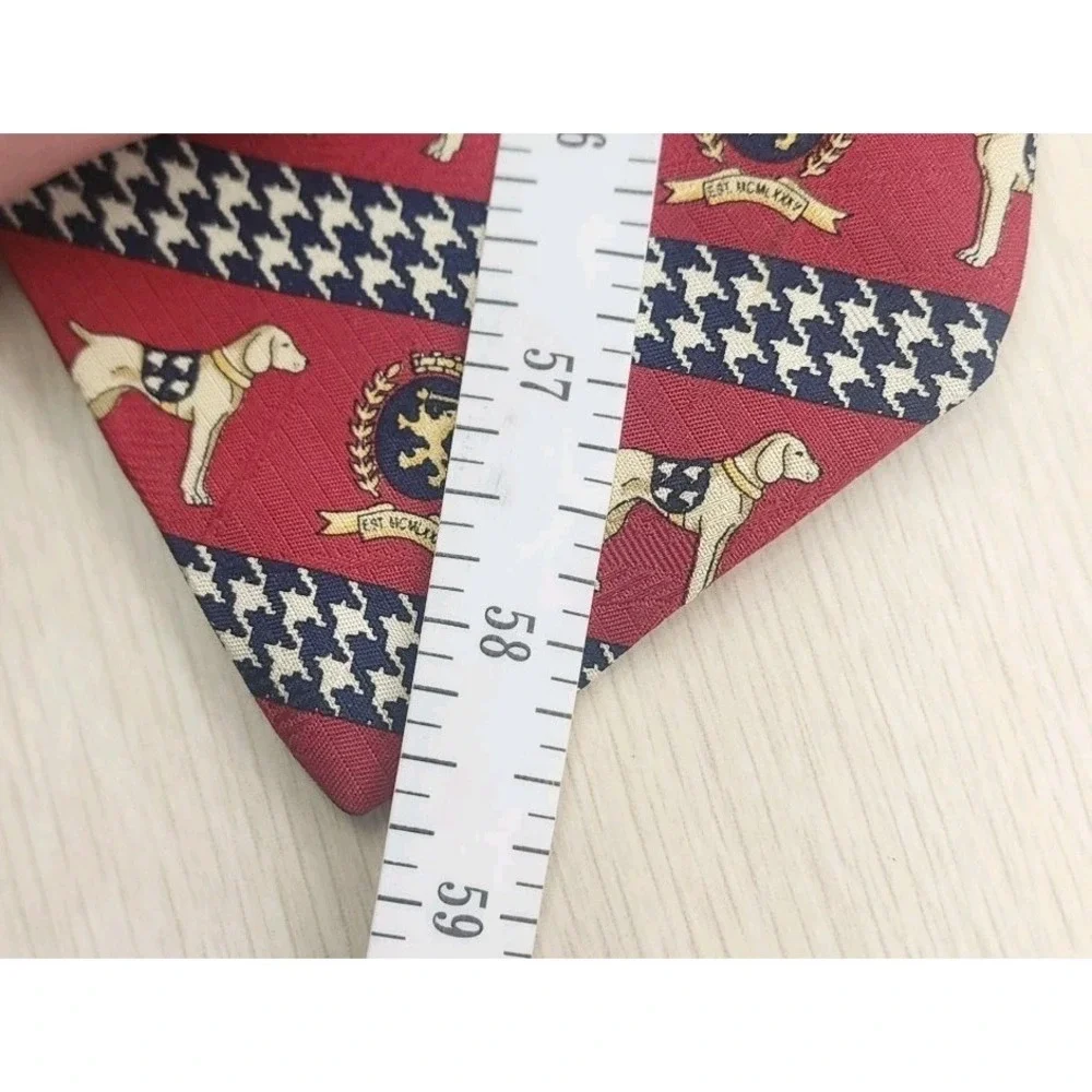 Tommy Hilfiger Mens Silk Tie Red Blue‎ Gold Crest Dog Star Houndstooth Classic